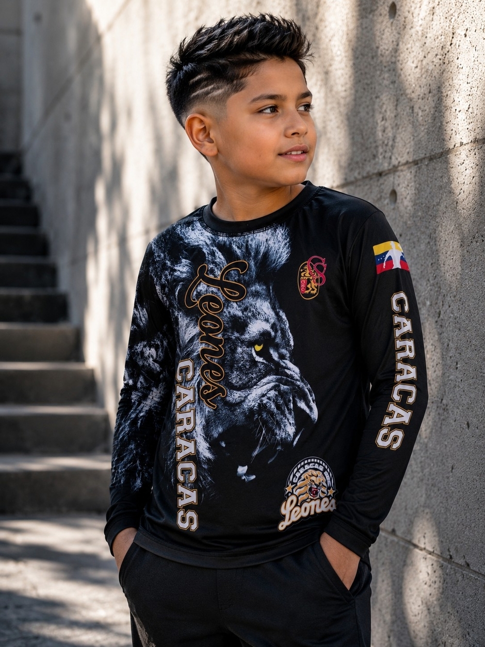 Leones del Caracas Boys Size 12 Long Sleeve Lion Graphic Shirt Venezuela